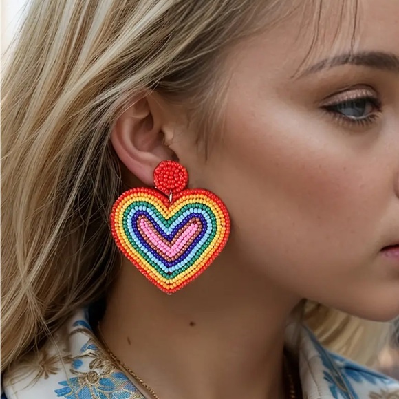 Colorful Beaded Hearts Earrings - Picture 3 of 4